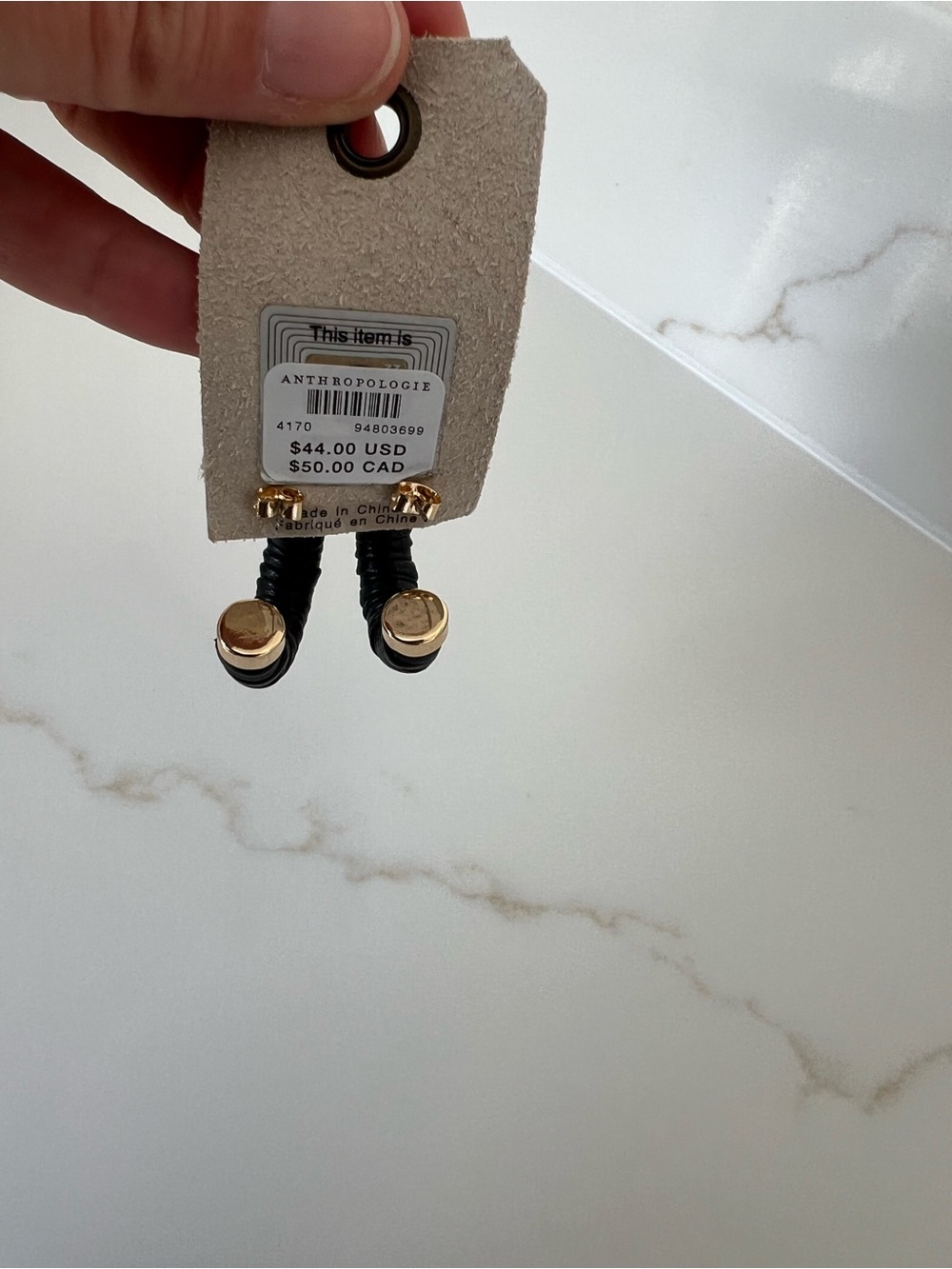 Anthropologie Faux Black Leather Wrapped Hoop Earrings with Gold Caps NWT - Picture 5 of 6